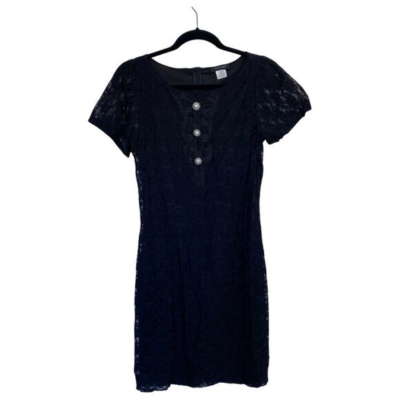 Vintage 90s Black Lace Mini Dress Pearl Buttons Size Small Goth Alt Witchy - Picture 1 of 7